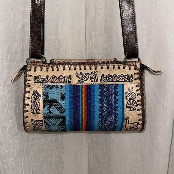 Peruvian Genuine Tooled Graphic Leather Stripe Mini Crossbody Bag - Picture 2 of 12
